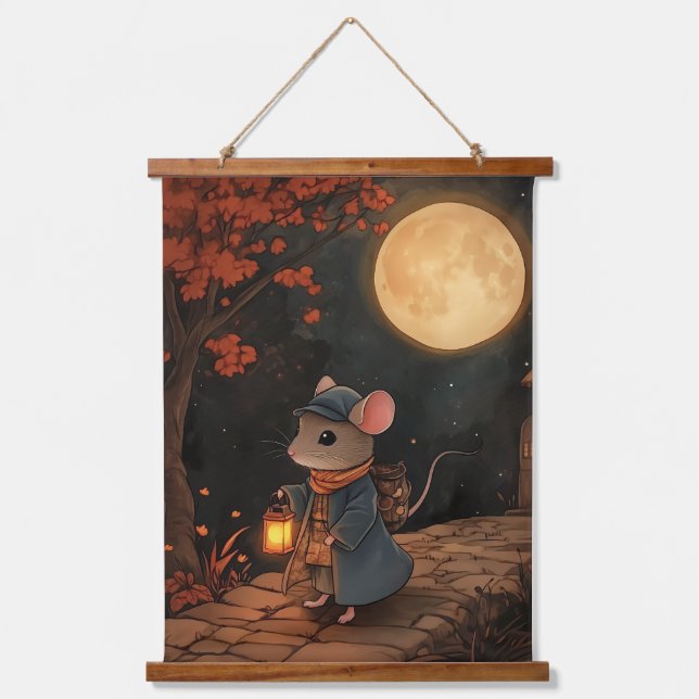 Moonlit Reise der reisenden Maus Wandteppich Mit Holzrahmen (Vorderseite)