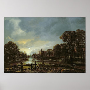 Moonlit River Landschaft mit Hütten Poster