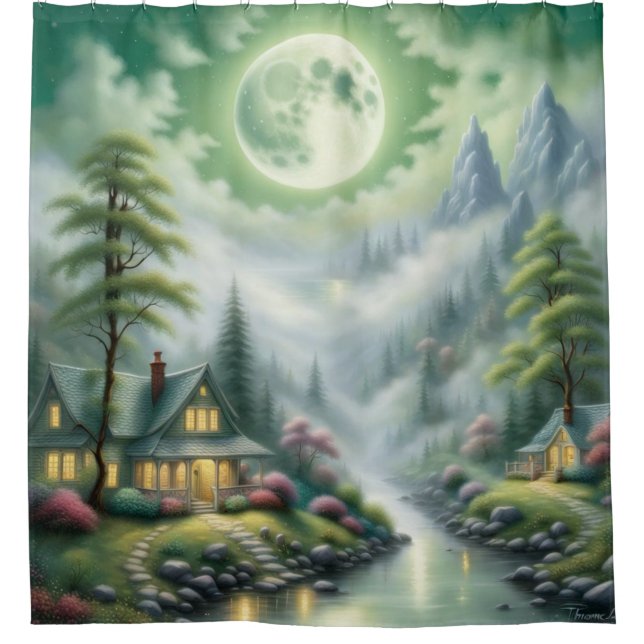 "Moonlit River Village" Duschvorhang (Vorderseite)