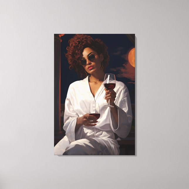Moonlit Romance: Frau und das Glas Wein Leinwanddruck (Vorderseite)