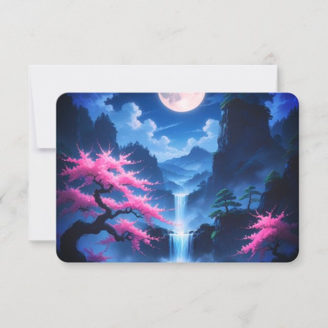 Moonlit Sakura & Waterfall Japanese RSVP Card - El (Vorderseite)