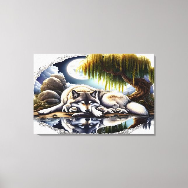 Moonlit Serenity A Slumbering Wolf 36x24 Leinwanddruck (Vorderseite)