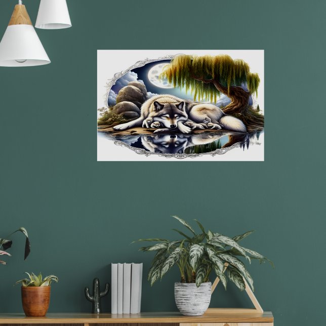 Moonlit Serenity A Slumbering Wolf 36x24 Poster (Wohnzimmer 1)