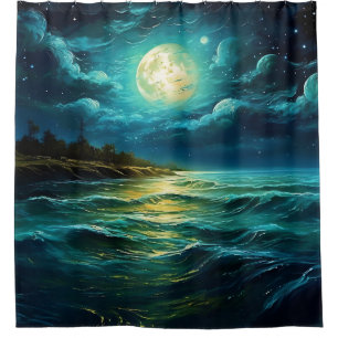 "Moonlit Serenity: Nighttime Seascape" Duschvorhang