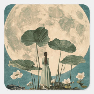 Moonlit Serenity - Vintage Lotus Szene Quadratischer Aufkleber