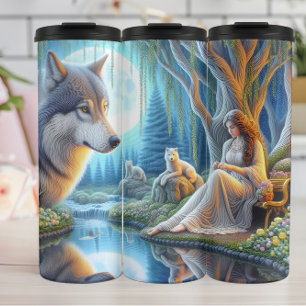 Moonlit Serenity, Woman und Wolf Pack. Thermosbecher