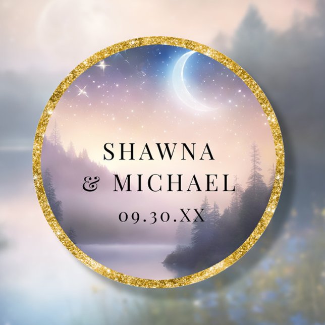 Moonlit Star Bergsee Fantasy Elegante Hochzeit Runder Aufkleber (Von Creator hochgeladen)