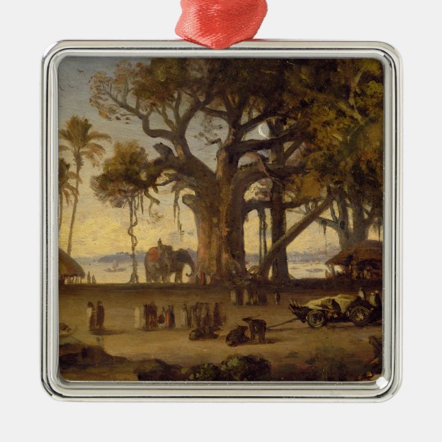 Moonlit Szene indischen Zahlen und Elefanten Amon Silbernes Ornament (Vorne)