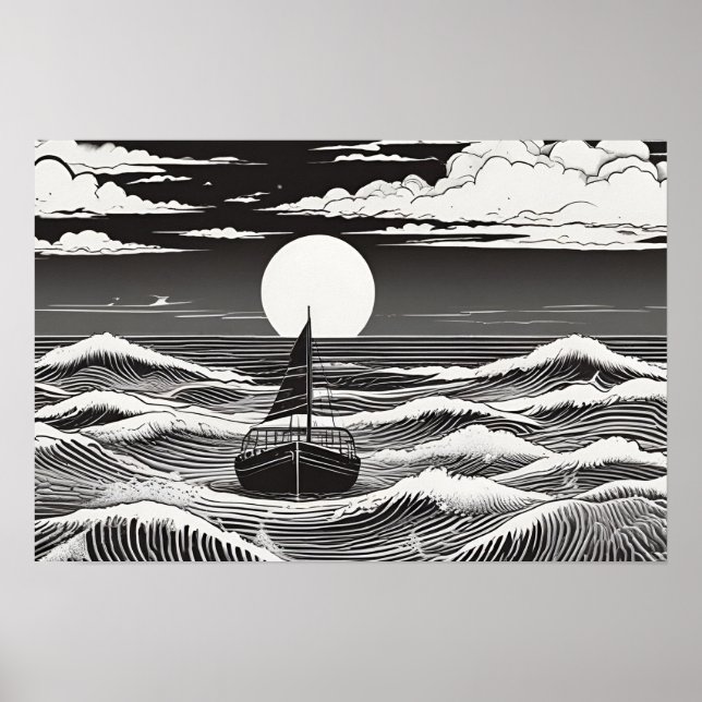 Moonlit Voyage Nautic Serenade Schwarz-Weiß Poster (Vorne)
