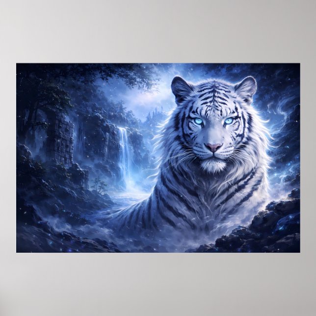 Moonlit White Tiger Guardian – Blue Fantasy Spirit Poster (Vorne)