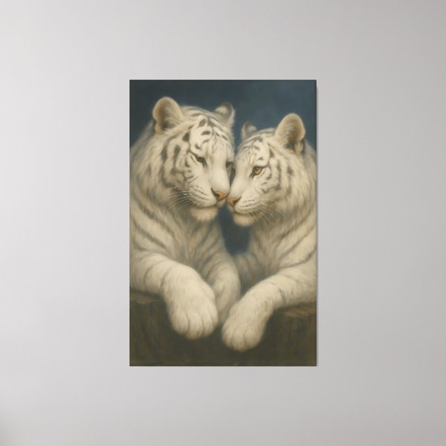 Moonlit White Tigers – Tender Blue Night Embrace Leinwanddruck (Vorderseite)