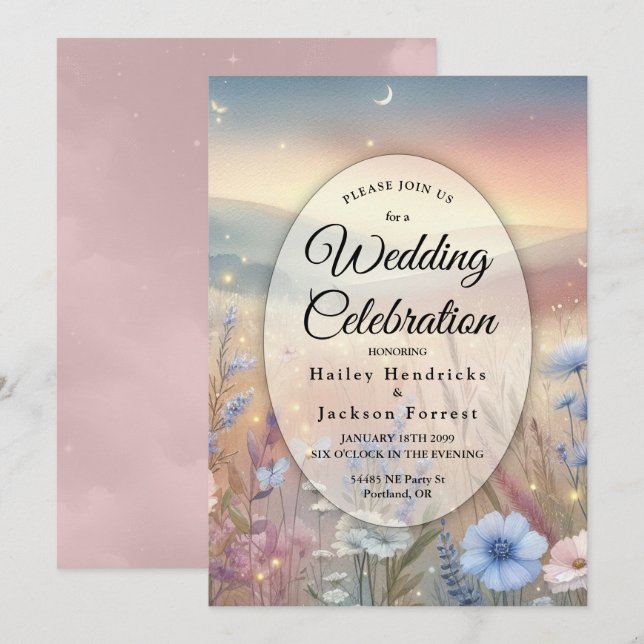 Moonlit Wildblume Whispers Wedding Einladung (Vorne/Hinten)