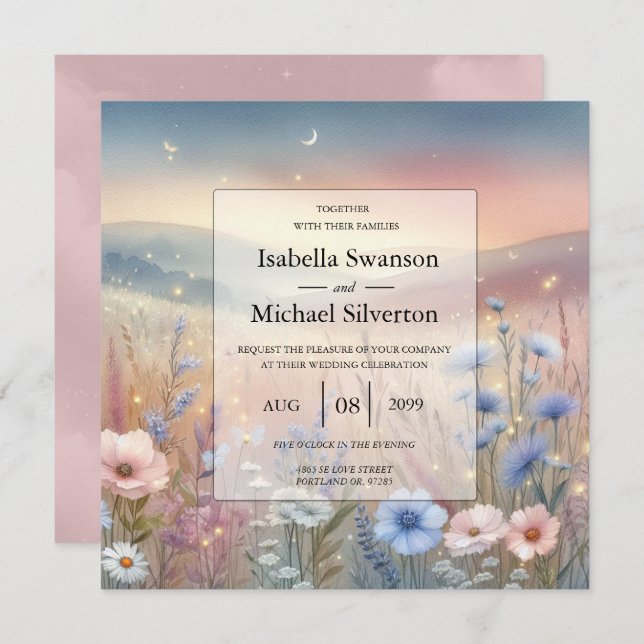 Moonlit Wildblume Whispers Wedding Einladung (Vorne/Hinten)