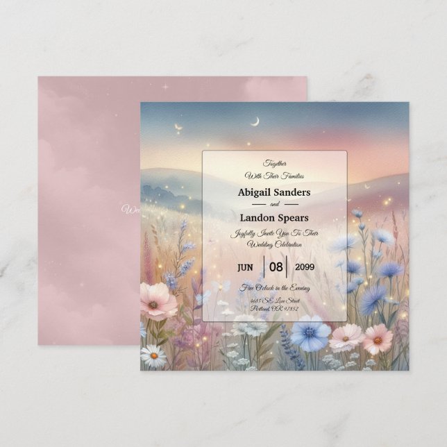 Moonlit Wildblume Whispers Wedding Einladung (Vorne/Hinten)