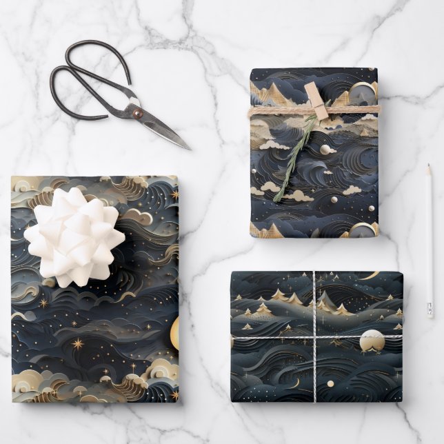 Moon's Journey: 3D Night Sky Design Geschenkpapier Set (Vorderseite)