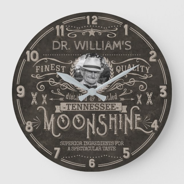 Moonshine Vintag Hillbilly Medicine Custom Brown Große Wanduhr (Vorderseite)