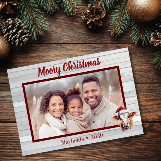 Moory Christmas Cow Foto Feiertagskarte (Moory Christmas flat photo card with jersey cow and barn wood)