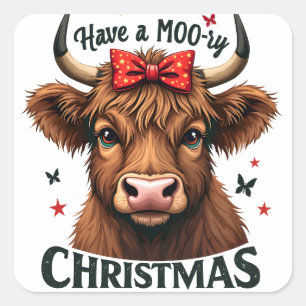 Moory Christmas Niedliche Kuh trägt Santa Quadratischer Aufkleber