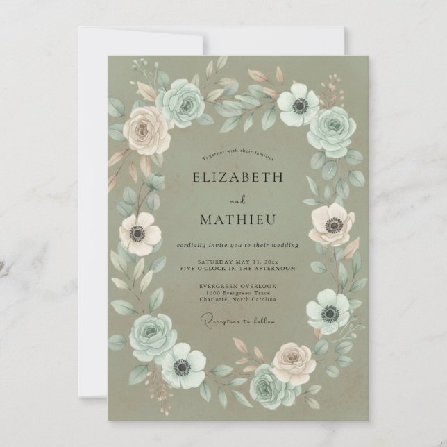 Moos Teal Blatt Hochzeit Einladung (Vorderseite)