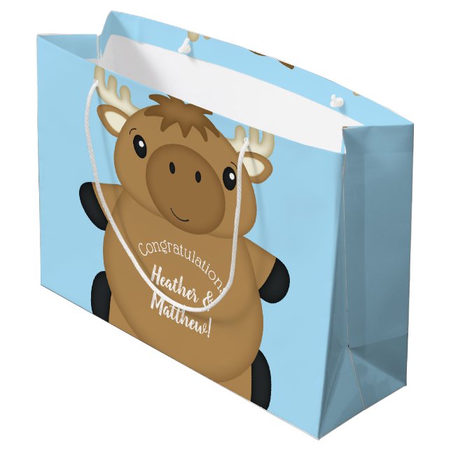 Moose Baby Shower Blue Boy Große Geschenktüte (Rückseite Schrägansicht)