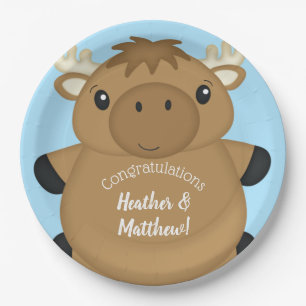Moose Baby Shower Blue Pappteller