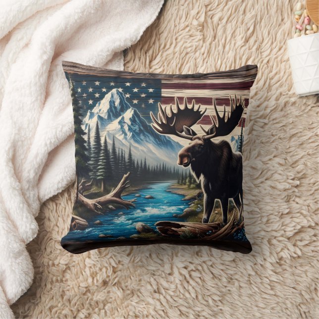 Moose by Lake Mit dem Hintergrund von Berg und Fla Kissen (Decke)