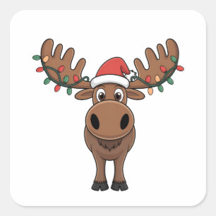 Moose Christmas Tree Lights Funny Xmas Moose Lover Quadratischer Aufkleber