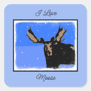 Moose im Winter - Original Wildlife Art Quadratischer Aufkleber