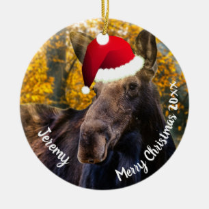  Moose in Santa Hat  Ceramic Ornament