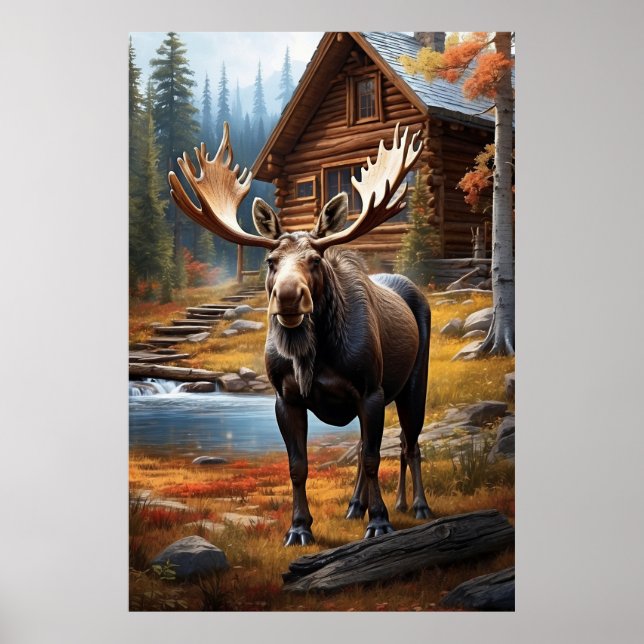 *~* MOOSE Stream Nature Cabin Forest AP49 Poster (Vorne)