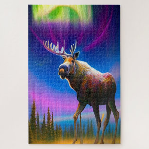 Moose Under Colorful Aurora Borealis Sky