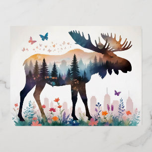 Moose Vintag Animal NatourForest Blume Art Folien Feiertagspostkarte
