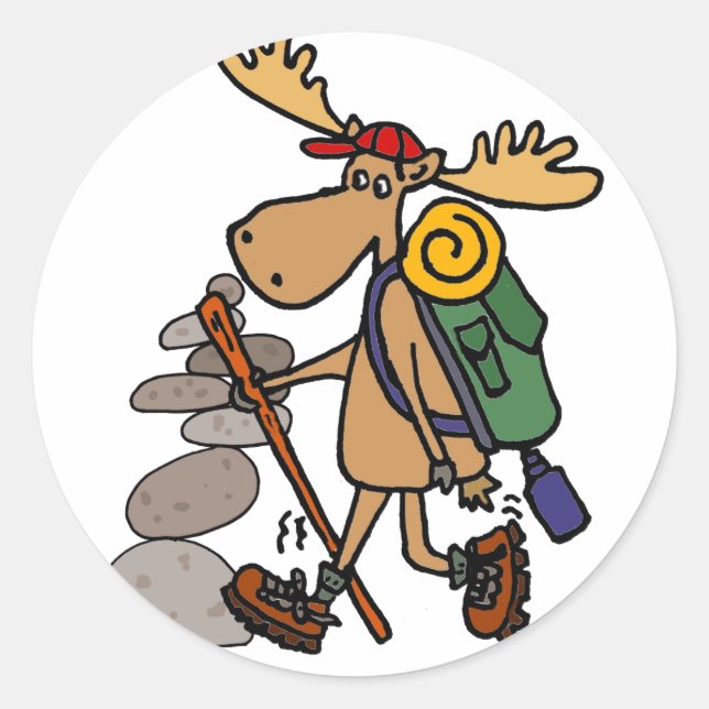 Moose-Wanderung mit Cairn Cartoon Runder Aufkleber (Vorderseite)