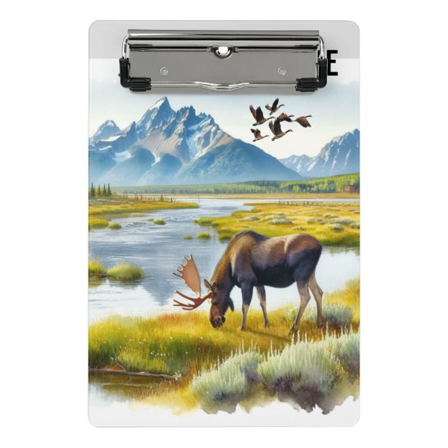 Moose Watercolor Ai Art Monogram Mini Klemmbrett (Vorderseite)
