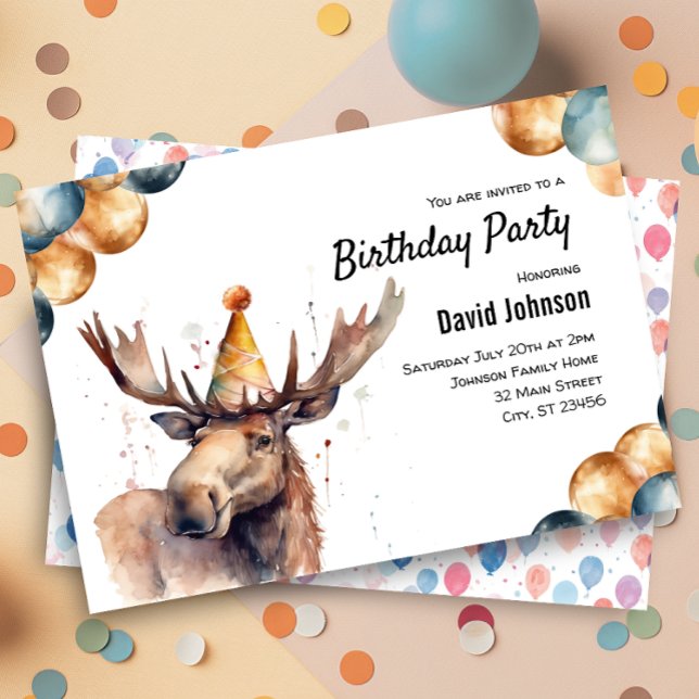 Moose Watercolor Woodland Animal Birthday Party Einladung (Von Creator hochgeladen)