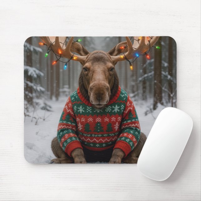 Moose Wearing Ugly Christmas Sweater Mousepad (Mit Mouse)