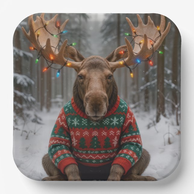 Moose Wearing Ugly Christmas Sweater Pappteller (Vorderseite)