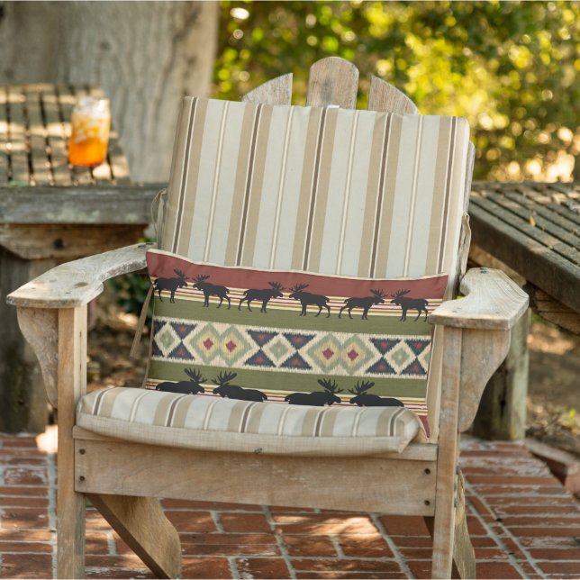 Moose Wildlife Animal Red Green Ochre Ikat Streife Kissen Für Draußen (Stuhl )