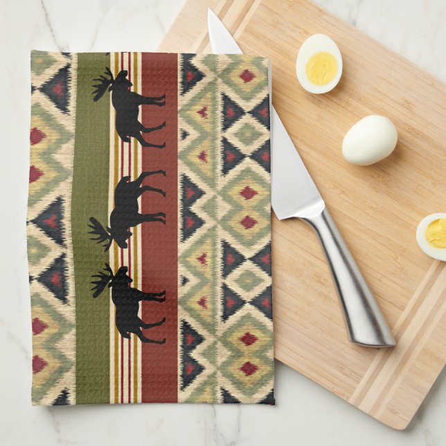Moose Wildlife Animal Red Green Ochre Ikat Streife Küchentuch (Viertel Falte)