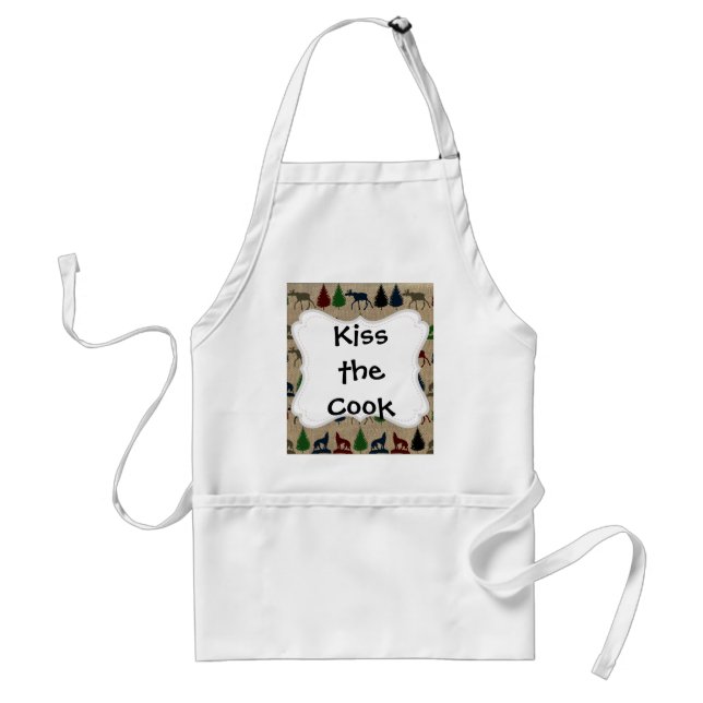 Moose Wolf Pine Tree Rustic Burlap Print Schürze (Vorne)