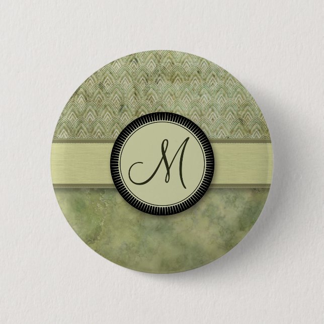 Moosgrün-Feder-Muster mit Monogramm Button (Vorderseite)