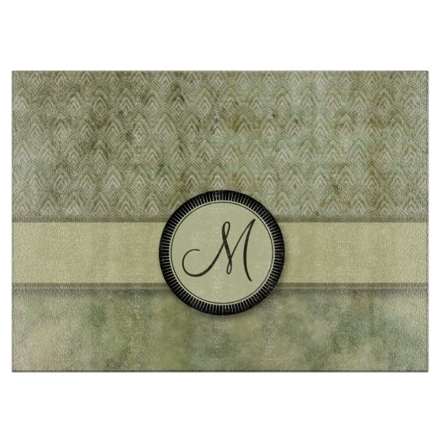 Moosgrün-Feder-Muster mit Monogramm Schneidebrett (Vorderseite)