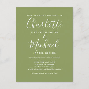 Moosgrüne elegante moderne Schrift Hochzeit Einladungspostkarte