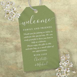 Moosgrüne Hochzeitsgunst Willkommenkorb Tasche Geschenkanhänger