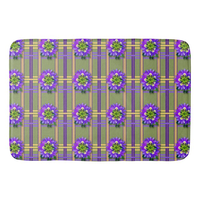 Moosgrüner Badezimmerteppich mit lila Blumen Badematte (Vorderseite)
