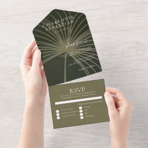 Moosgrüner Botanischer Fächer Elegante Hochzeit All In One Einladung