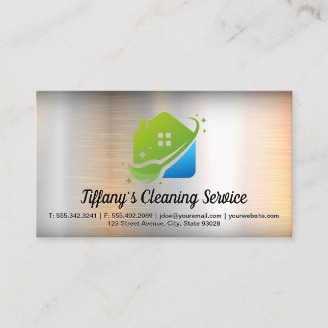 Mop-Zuhause-Reinigungs-Logo | Metallhintergrund Visitenkarte (Vorderseite)