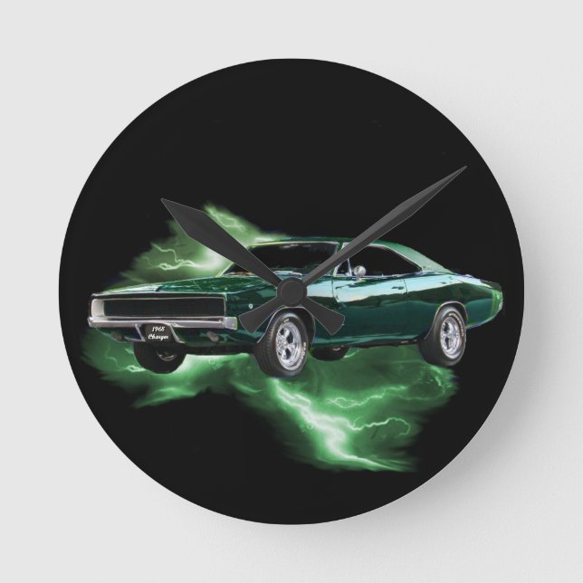Mopar: '68 Dodge-Ladegerät mit grünem Blitz Runde Wanduhr (Vorderseite)