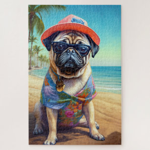 Mops am Strand, Sommergeschenk für Hundefreunde