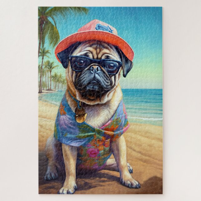 Mops am Strand, Sommergeschenk für Hundefreunde (Vertikal)